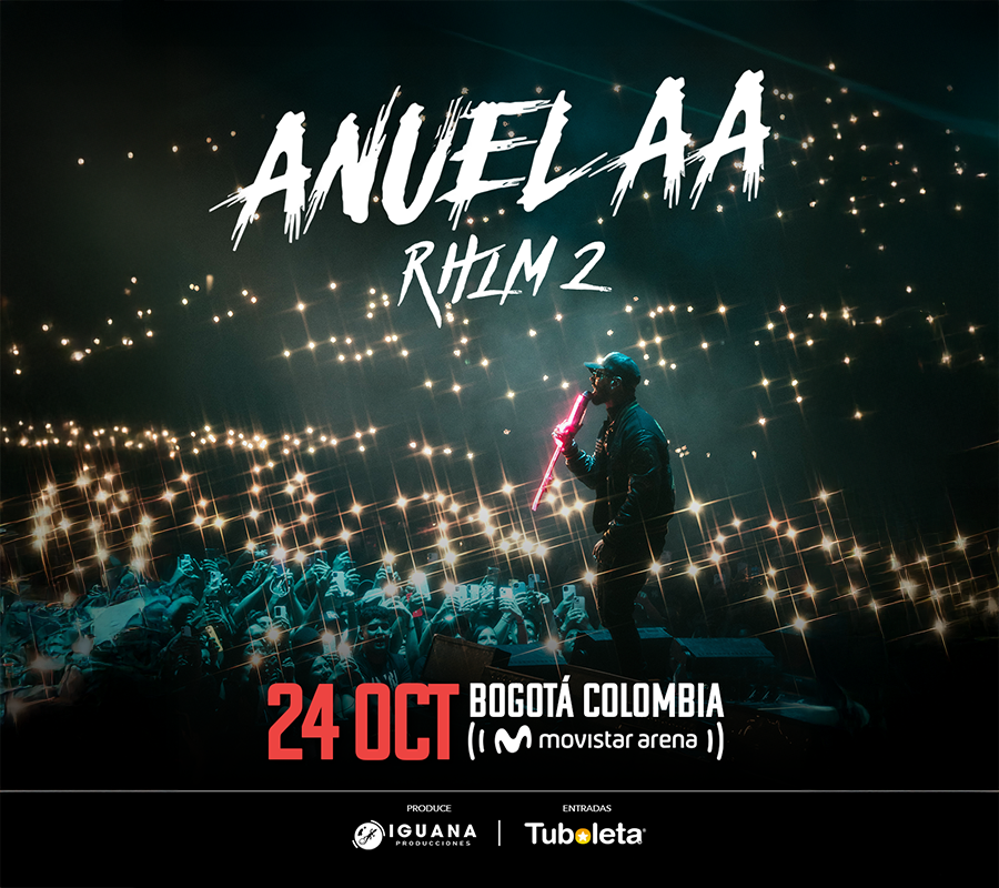 Anuel AA RHLM 2 concert poster with crowd and lights, text 24 OCT Bogotá Colombia Movistar Arena